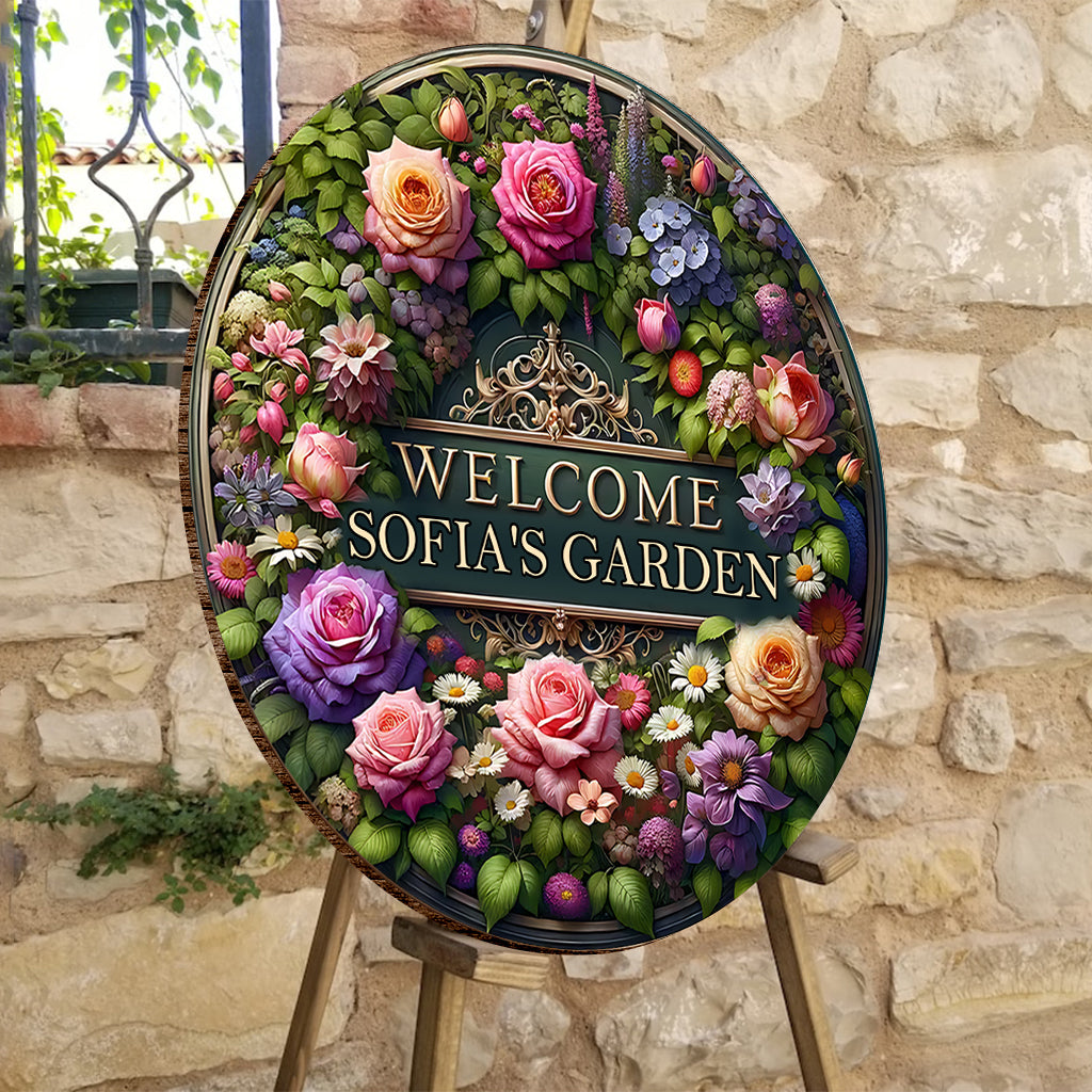 Willkommen in meinem Garten – Personalisiertes rundes Gartenschild aus Holz