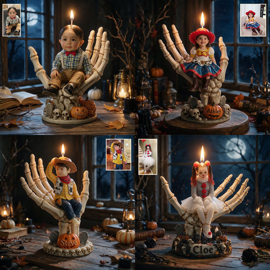 Personalisierter Holzkerzenhalter für Kinder - Halloween-Skelett Foto