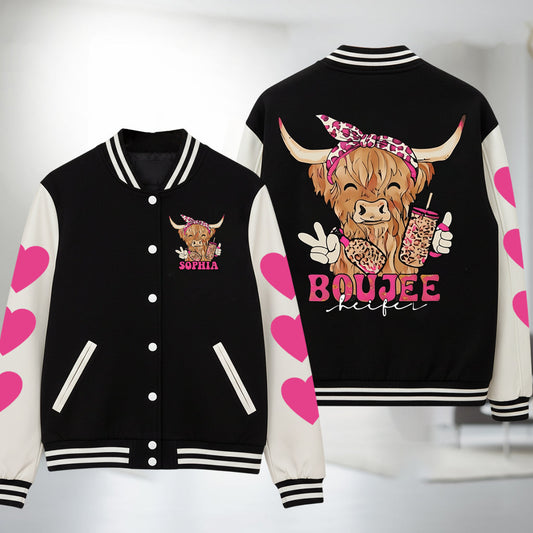 Liebe zu Hochlandrindern – Personalisierte Collegejacke mit Hochlandrind-Motiv