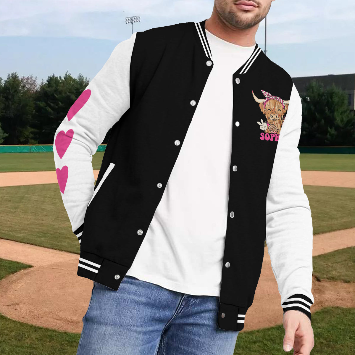 Liebe zu Hochlandrindern – Personalisierte Collegejacke mit Hochlandrind-Motiv