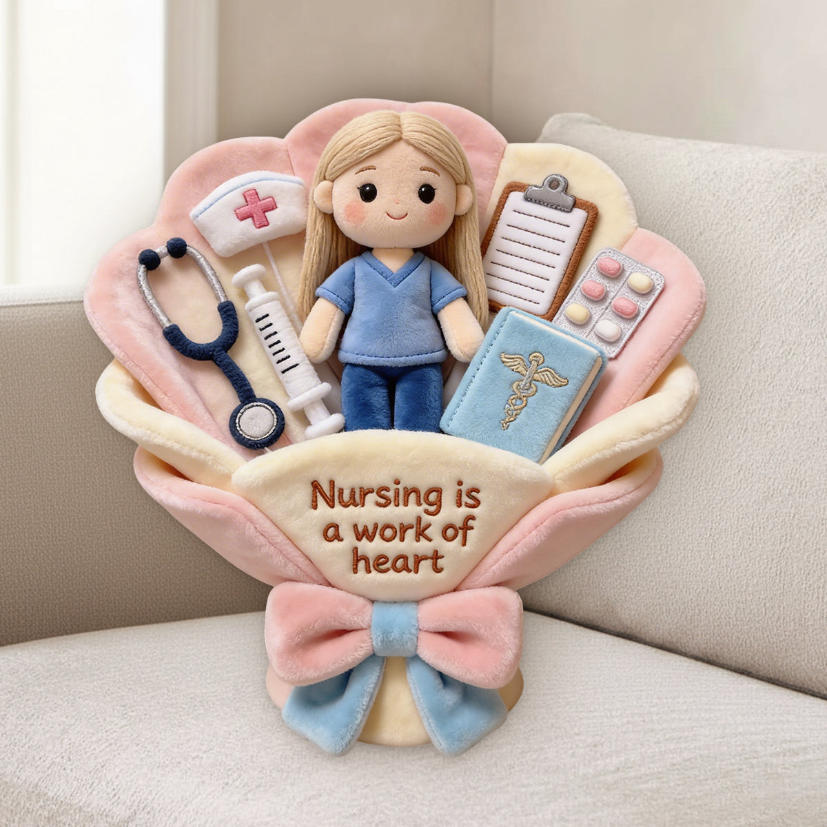 Nursing Is A Work Of Heart Plush Bouquet Thank You - Personalized Nurse Premium Faux Fur Pillow