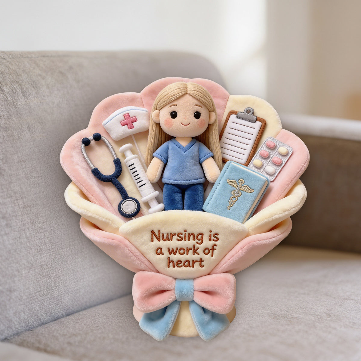 Nursing Is A Work Of Heart Plush Bouquet Thank You - Personalized Nurse Premium Faux Fur Pillow