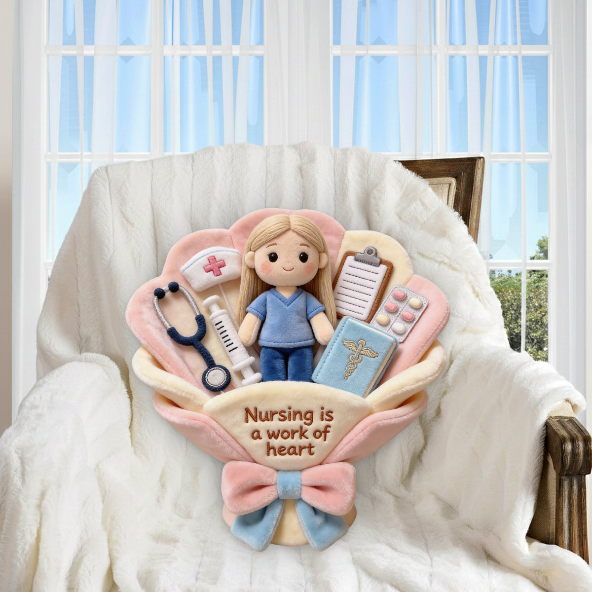 Nursing Is A Work Of Heart Plush Bouquet Thank You - Personalized Nurse Premium Faux Fur Pillow