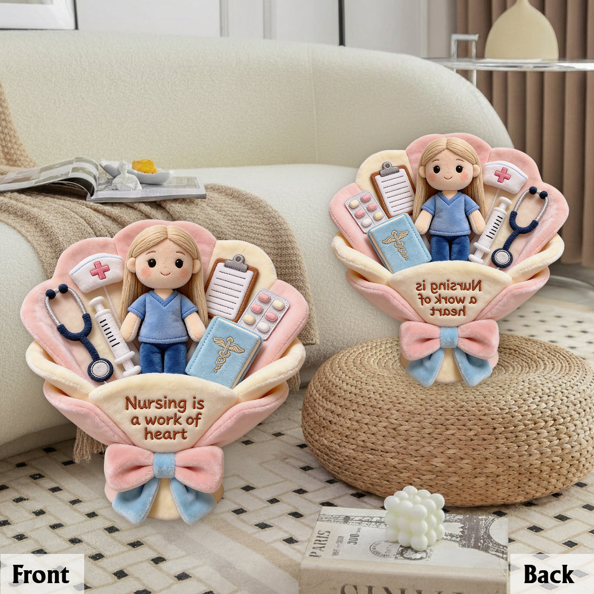 Nursing Is A Work Of Heart Plush Bouquet Thank You - Personalized Nurse Premium Faux Fur Pillow