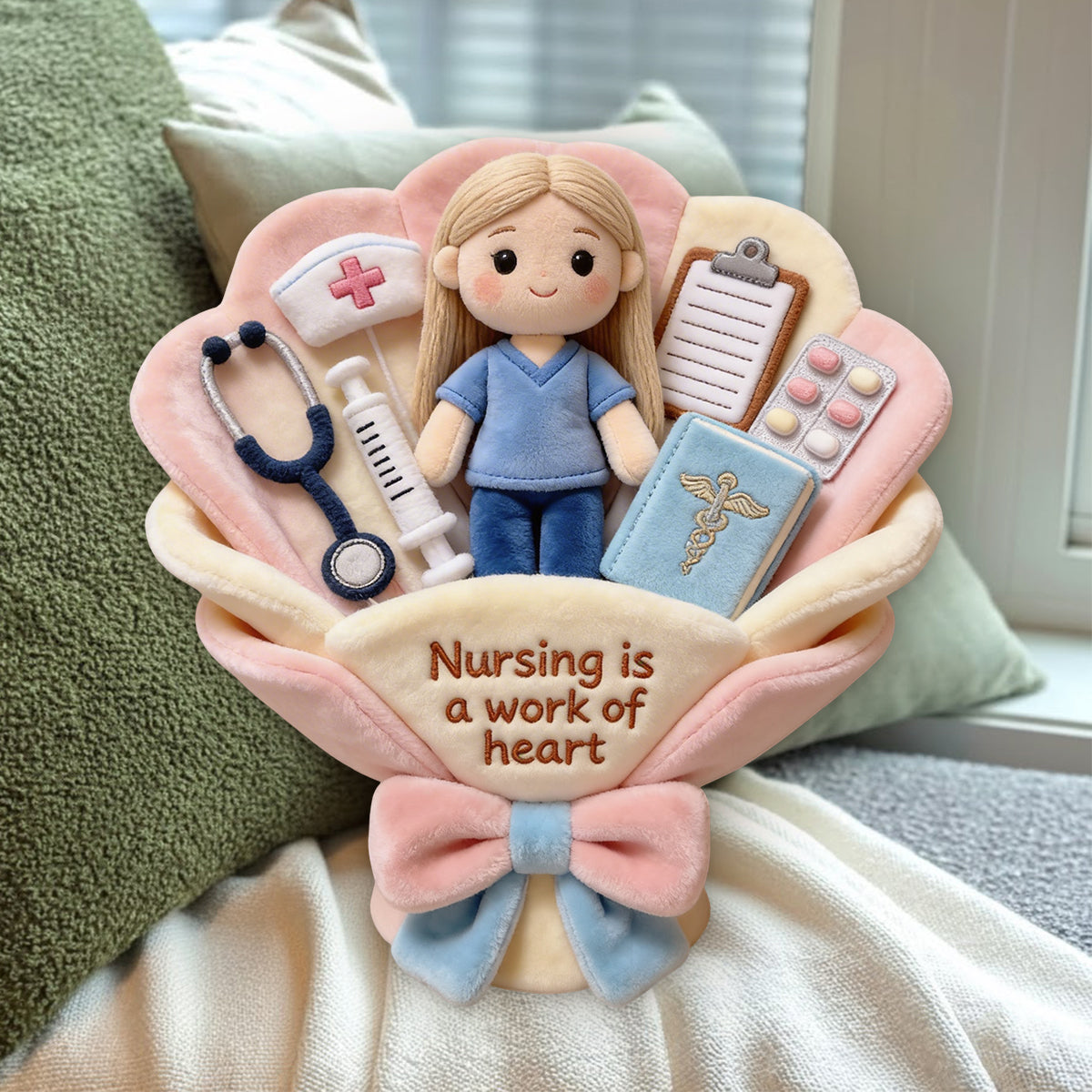 Nursing Is A Work Of Heart Plush Bouquet Thank You - Personalized Nurse Premium Faux Fur Pillow
