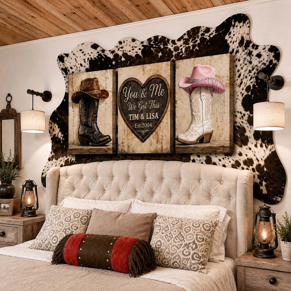 Wir haben das, Landhausdekoration, Cowboy Cowgirl Paar - Personalisierte Western Outfit Poster & Leinwand Set