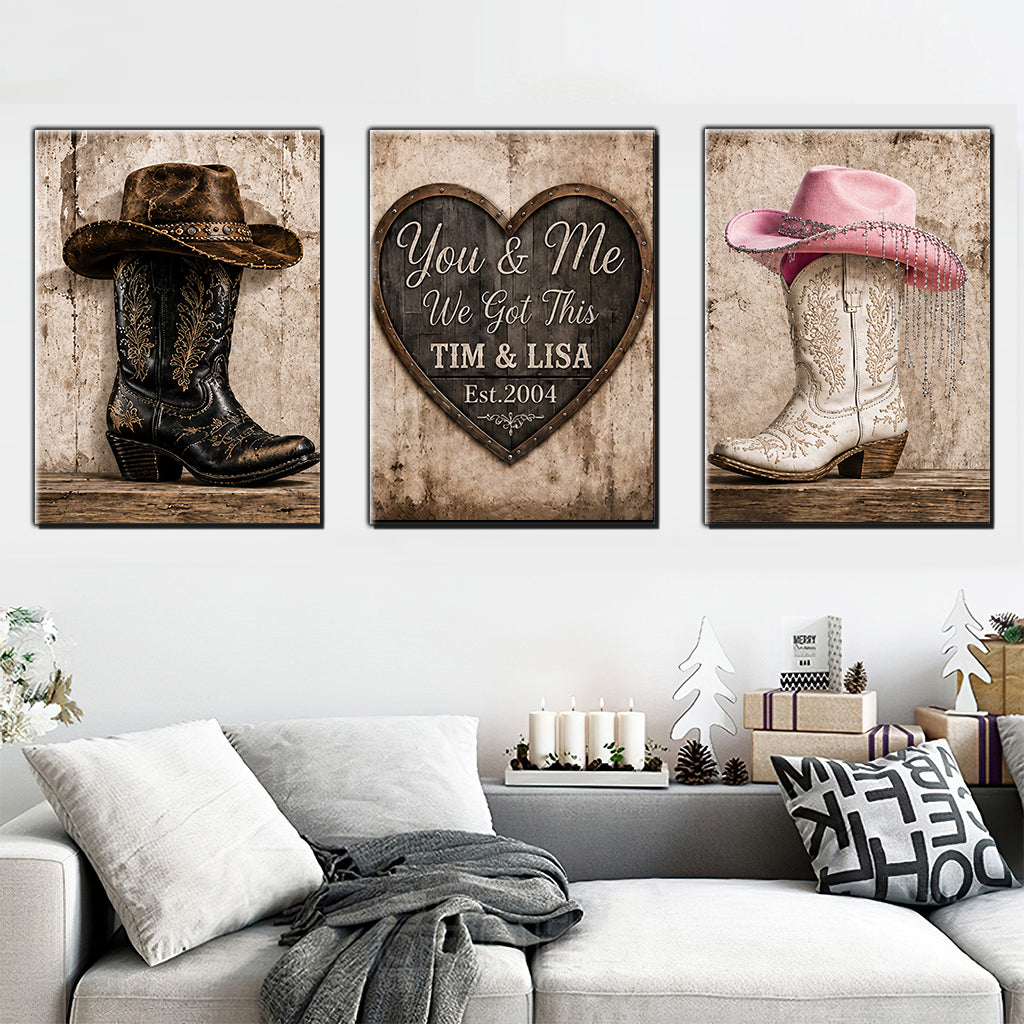 Wir haben das, Landhausdekoration, Cowboy Cowgirl Paar - Personalisierte Western Outfit Poster & Leinwand Set