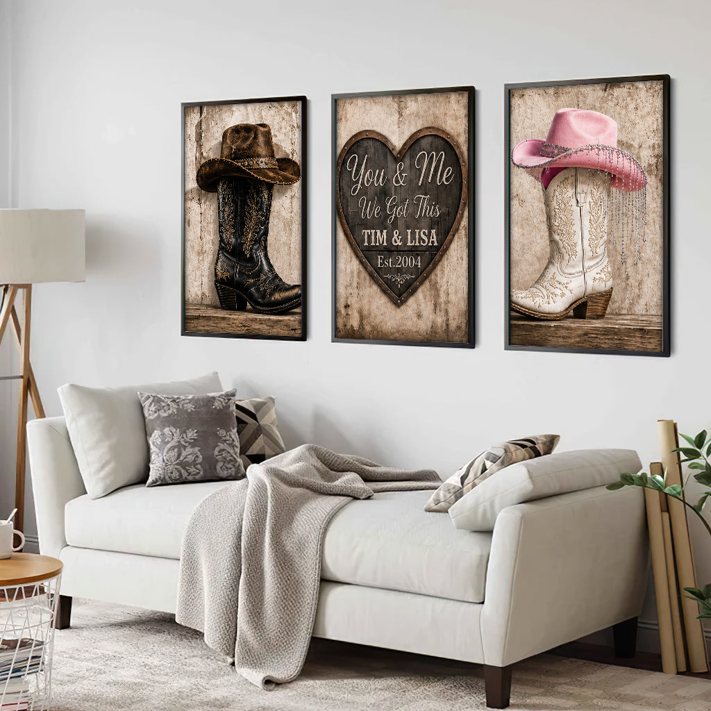 Wir haben das, Landhausdekoration, Cowboy Cowgirl Paar - Personalisierte Western Outfit Poster & Leinwand Set