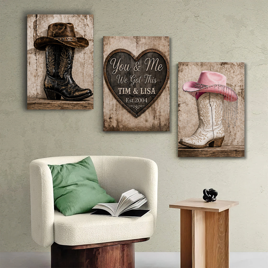 Wir haben das, Landhausdekoration, Cowboy Cowgirl Paar - Personalisierte Western Outfit Poster & Leinwand Set