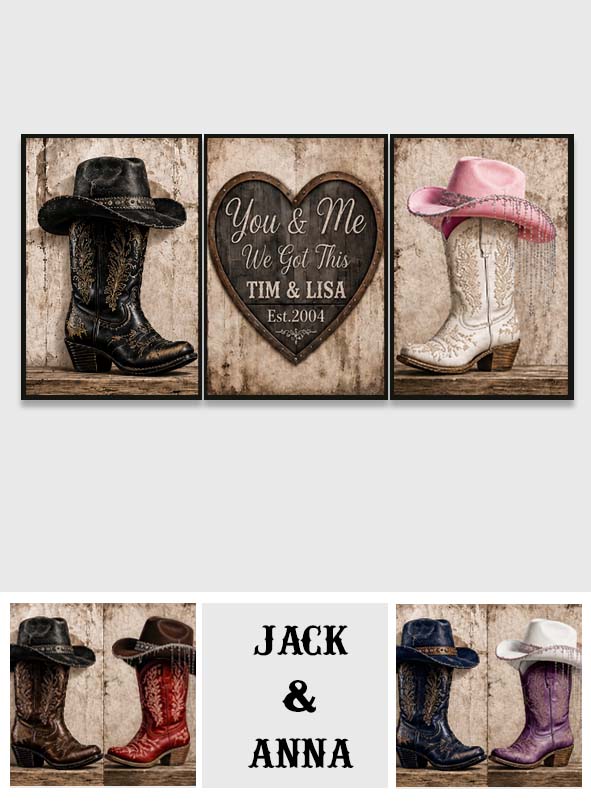 Wir haben das, Landhausdekoration, Cowboy Cowgirl Paar - Personalisierte Western Outfit Poster & Leinwand Set