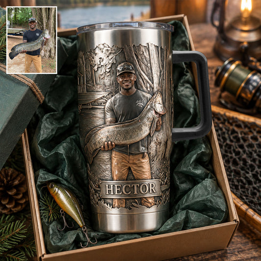 Fisherman With Big Fish - Personalized Fishing Tumbler With Handle