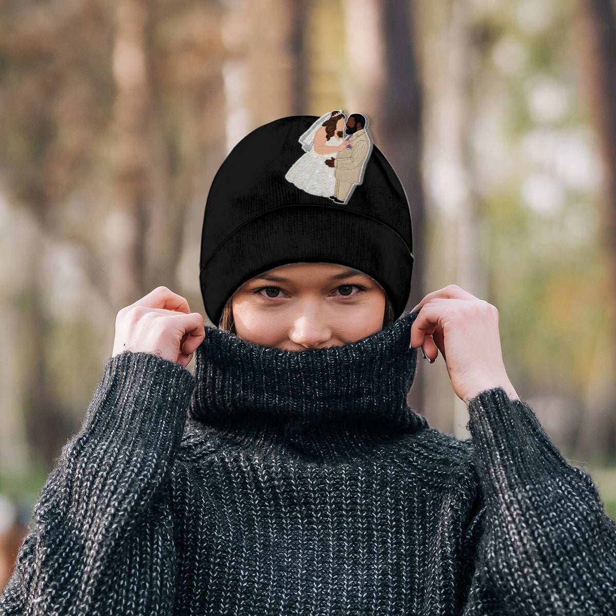 Bestickte Mütze im minimalistischen Cartoon-Stil – personalisierte Paarmütze