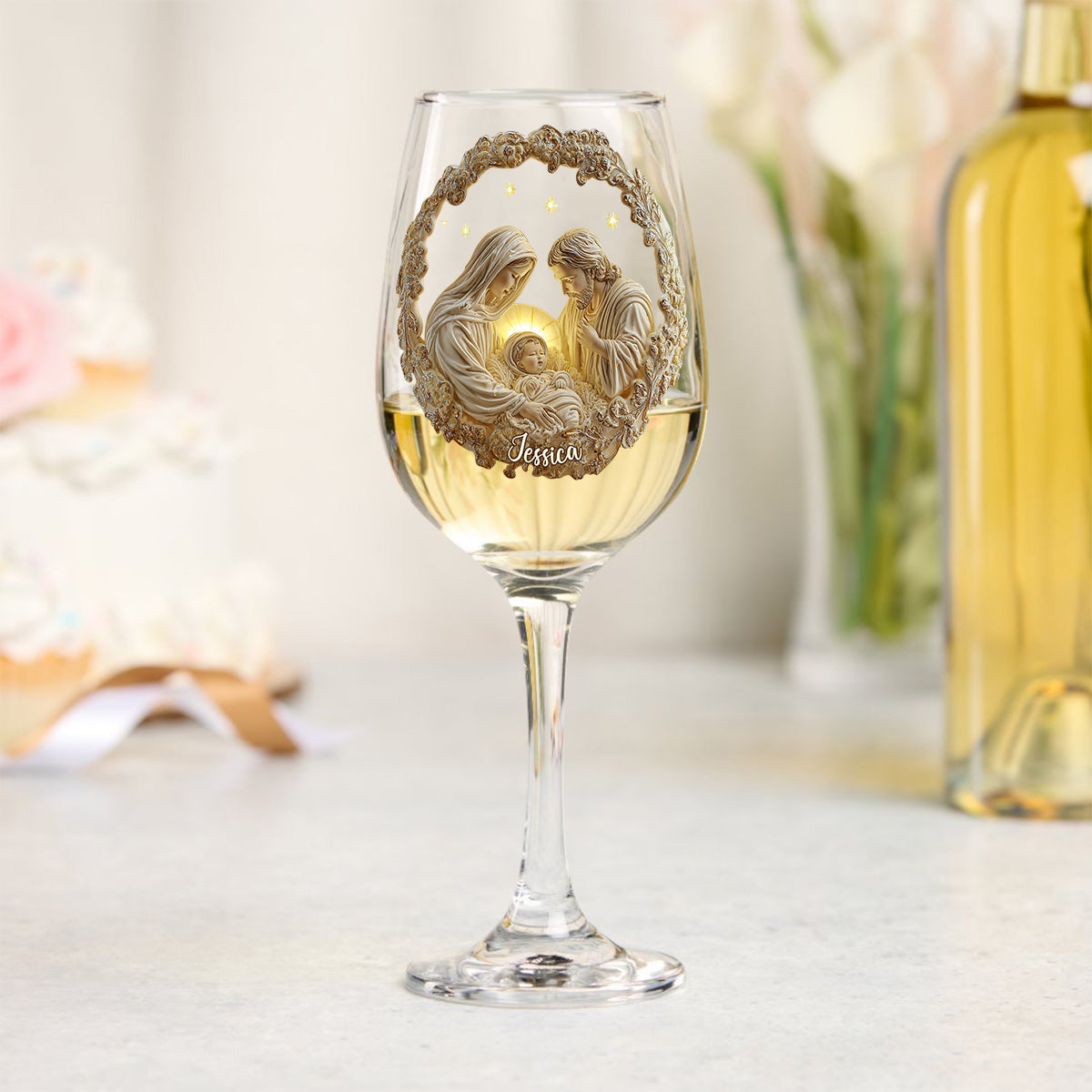 Krippenszene - Personalisiertes christliches Weinglas mit langem Stiel