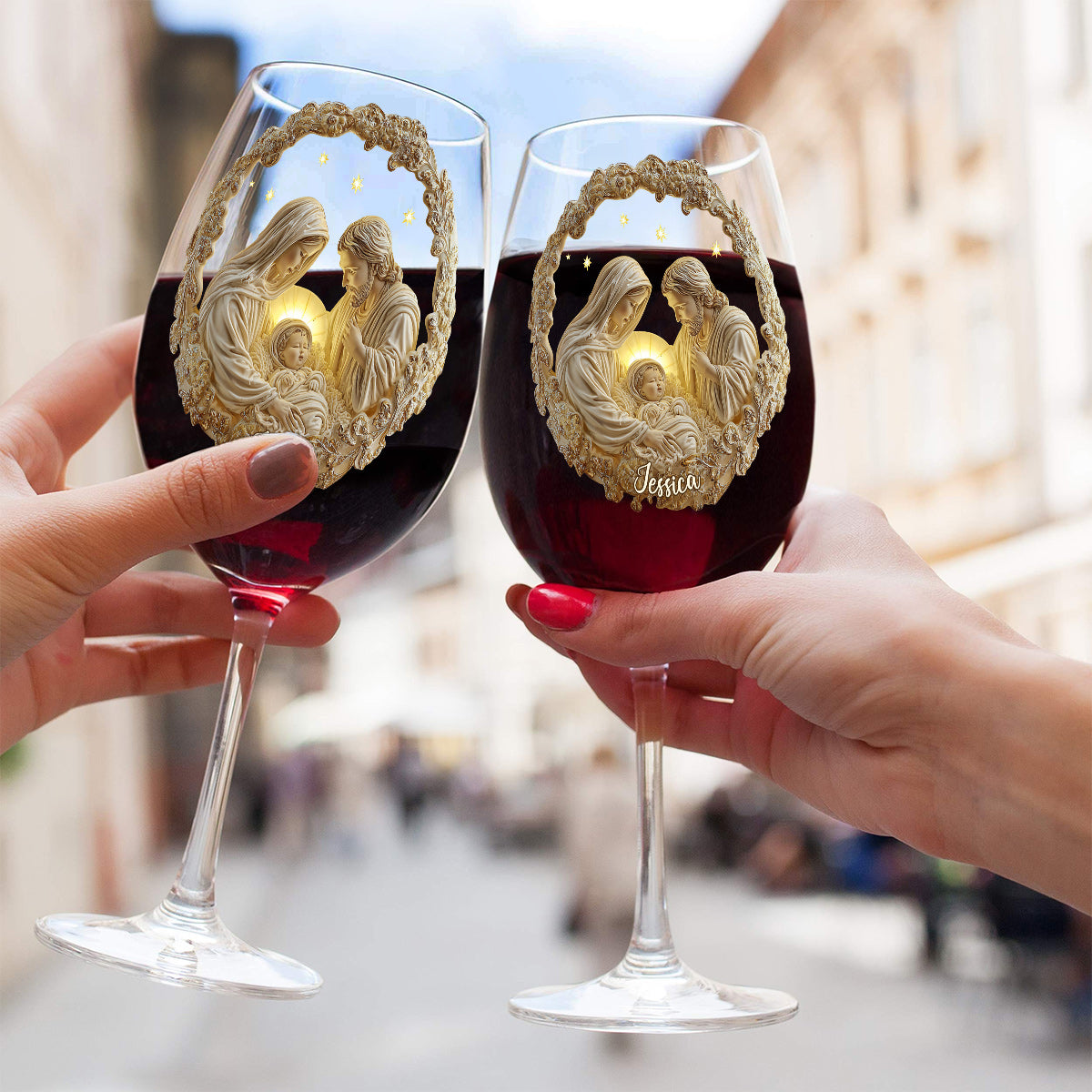 Krippenszene - Personalisiertes christliches Weinglas mit langem Stiel