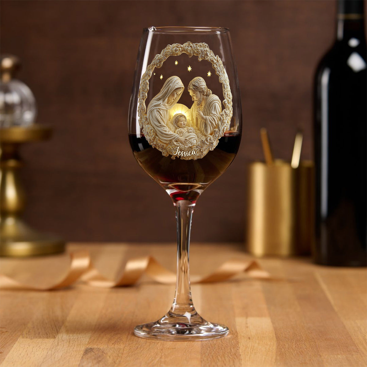 Krippenszene - Personalisiertes christliches Weinglas mit langem Stiel