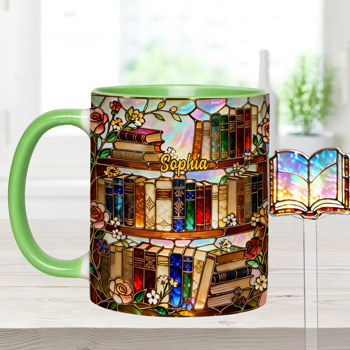 Liebe Bücher – Personalisierte Buch-Set-Tasse mit Acryl-Rührstäbchen