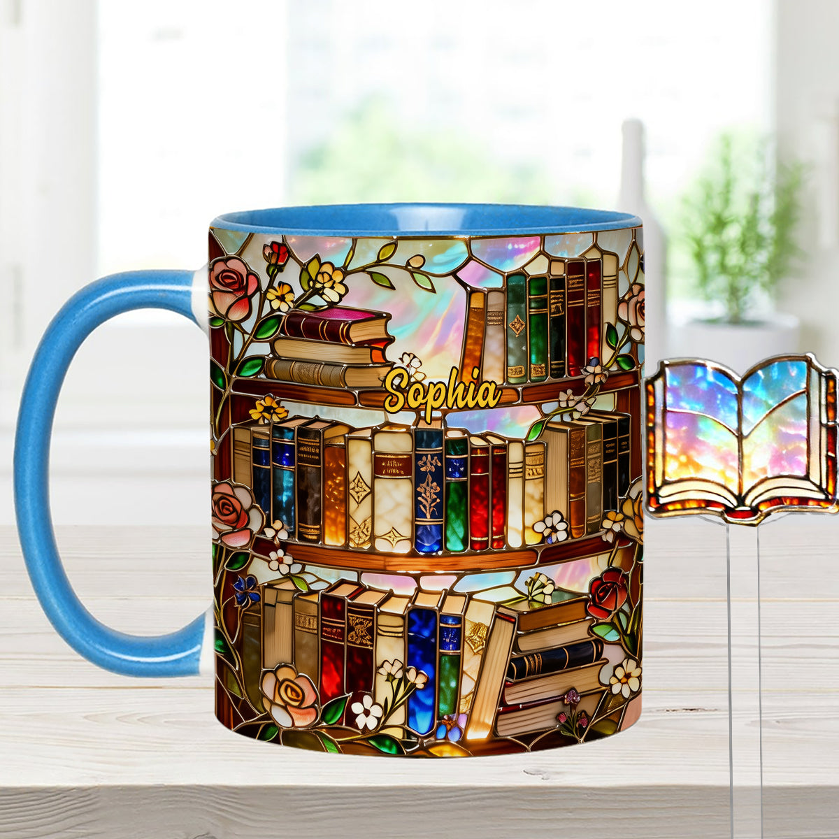 Liebe Bücher – Personalisierte Buch-Set-Tasse mit Acryl-Rührstäbchen