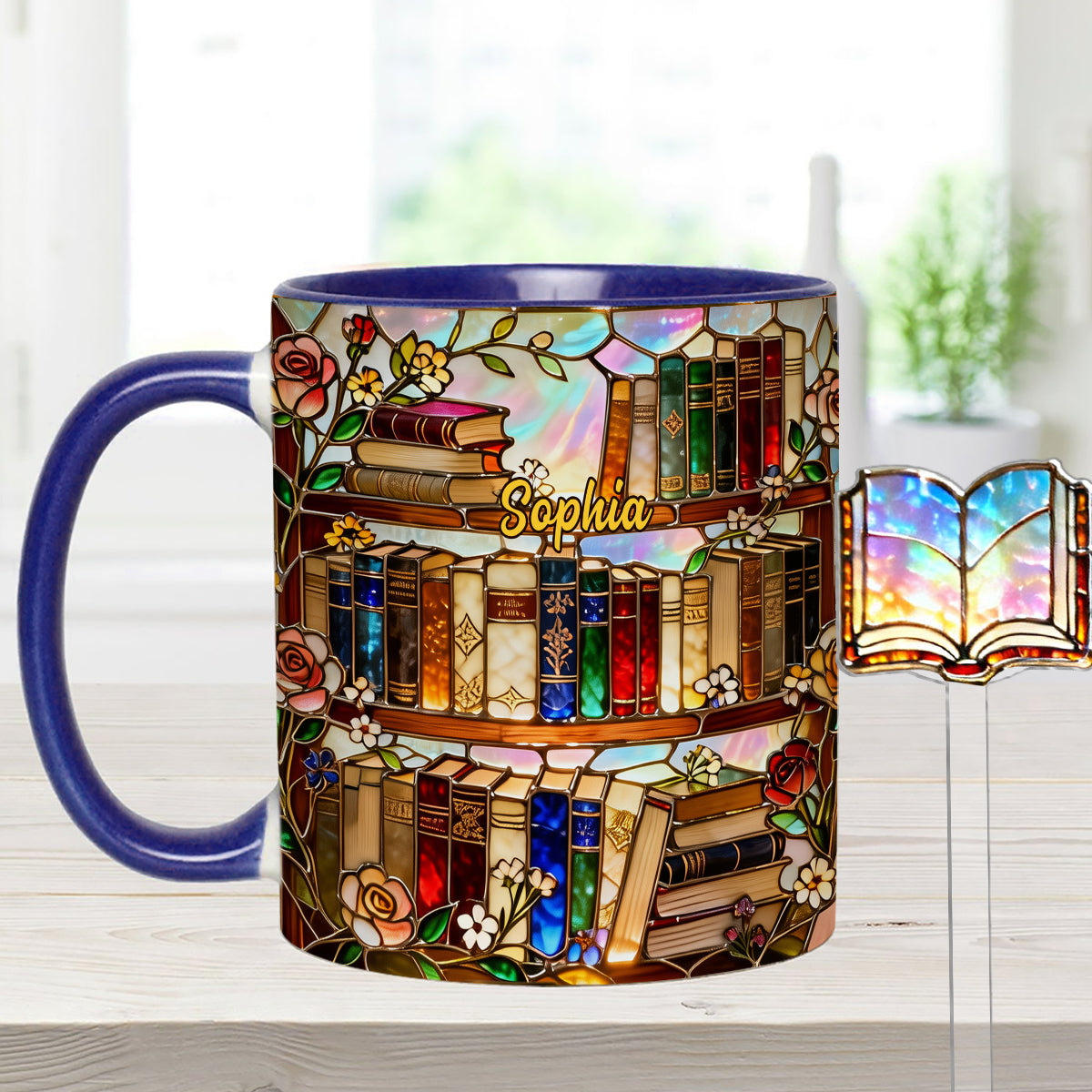 Liebe Bücher – Personalisierte Buch-Set-Tasse mit Acryl-Rührstäbchen