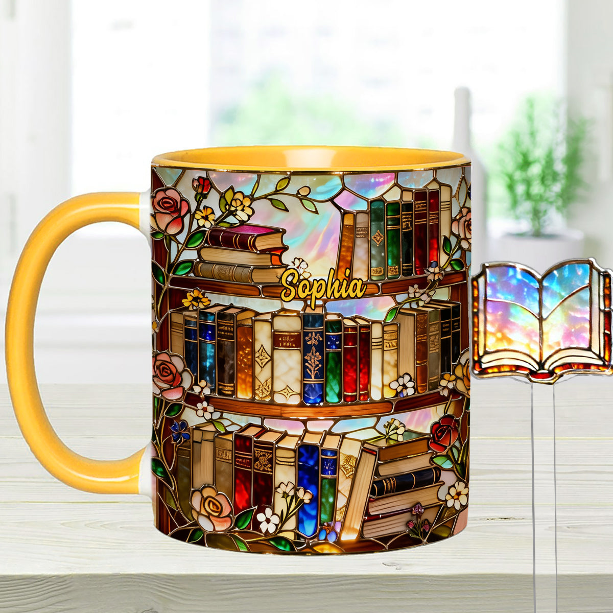 Liebe Bücher – Personalisierte Buch-Set-Tasse mit Acryl-Rührstäbchen