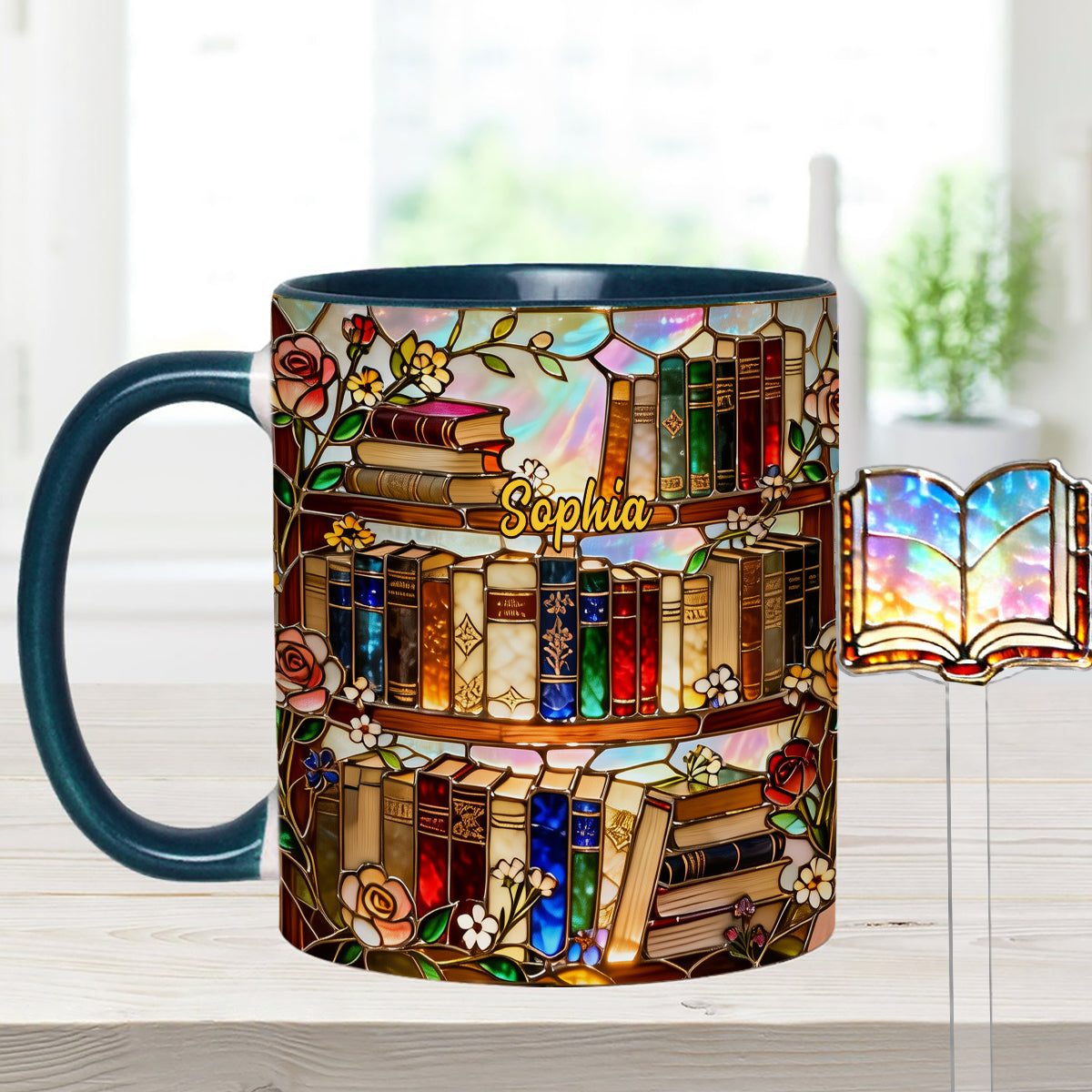 Liebe Bücher – Personalisierte Buch-Set-Tasse mit Acryl-Rührstäbchen