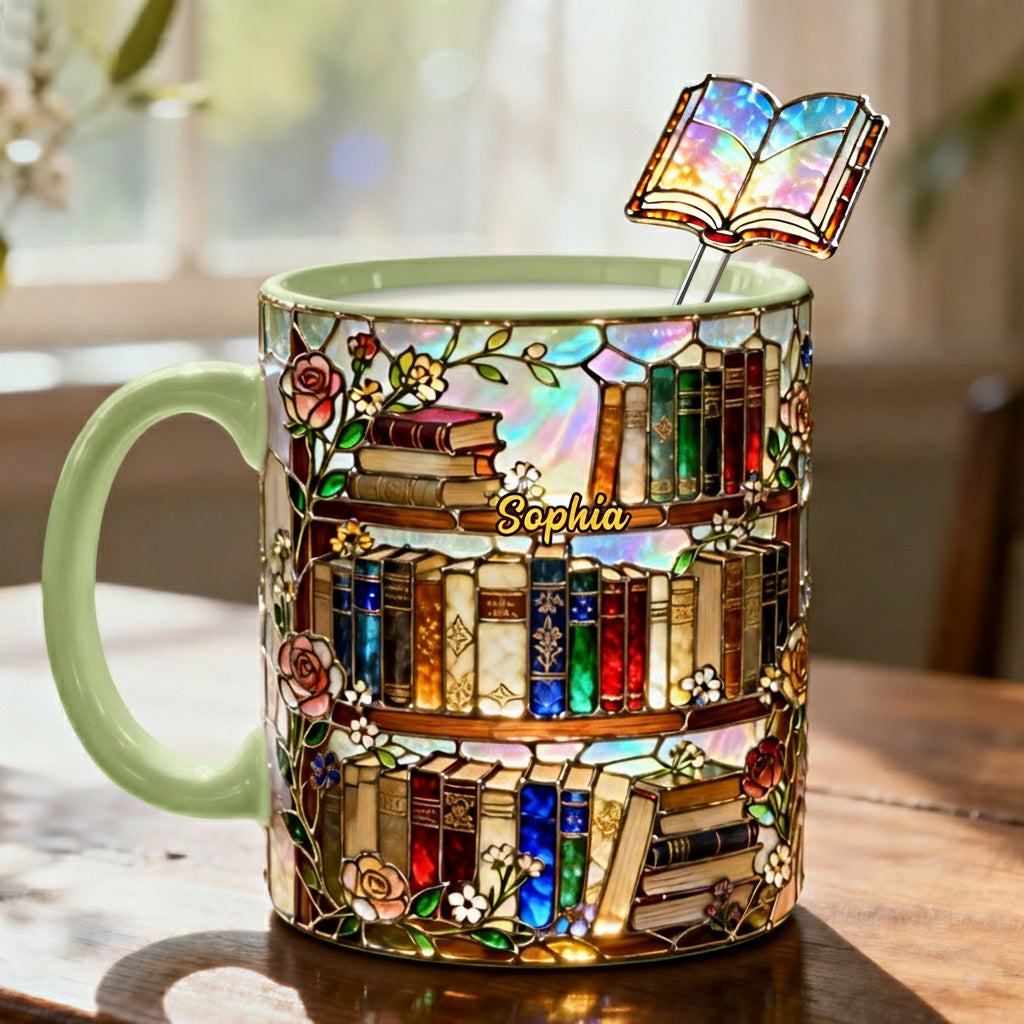 Liebe Bücher – Personalisierte Buch-Set-Tasse mit Acryl-Rührstäbchen