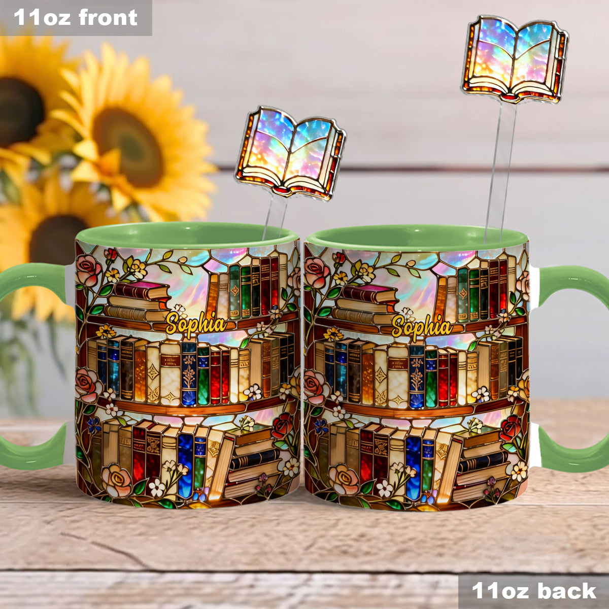 Liebe Bücher – Personalisierte Buch-Set-Tasse mit Acryl-Rührstäbchen
