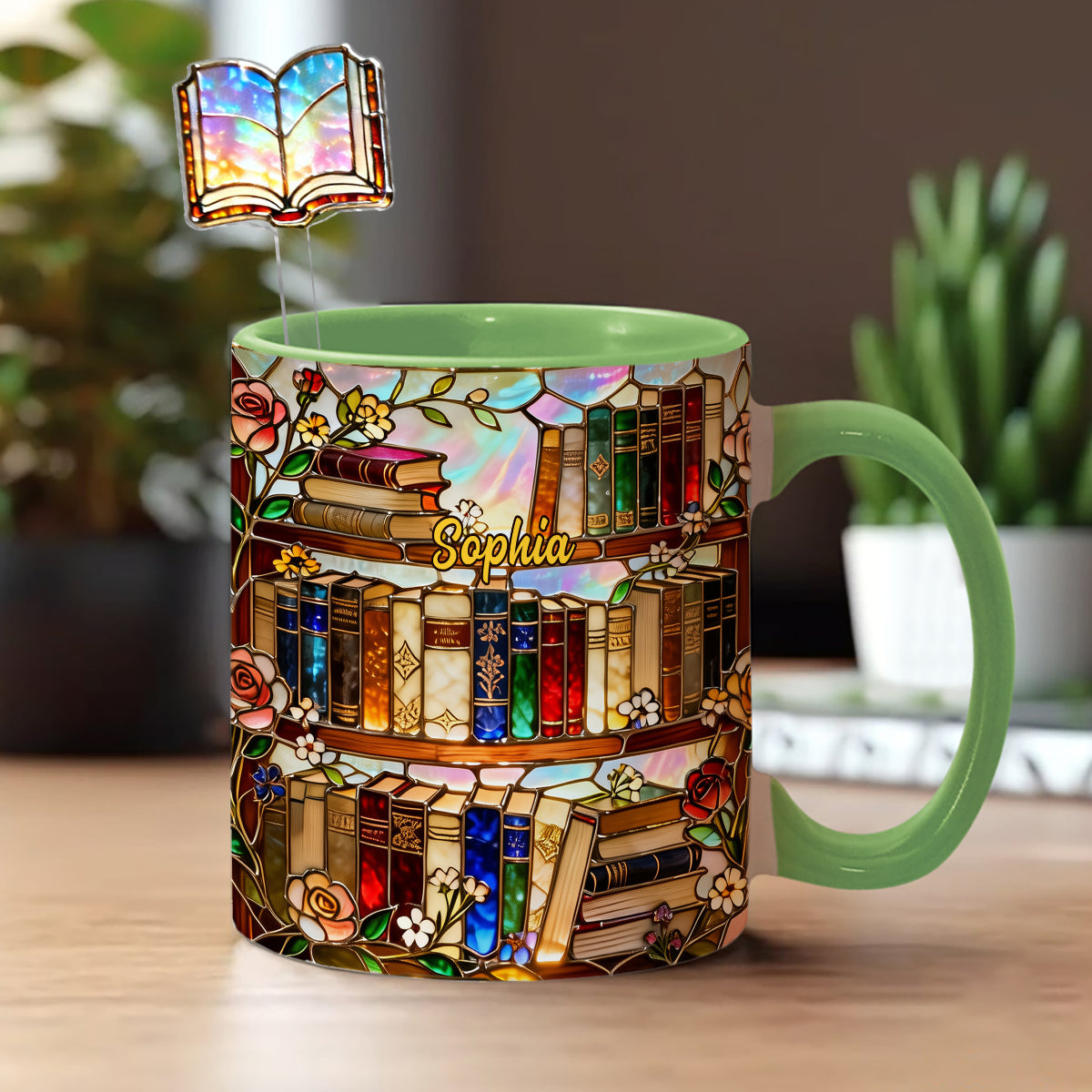 Liebe Bücher – Personalisierte Buch-Set-Tasse mit Acryl-Rührstäbchen