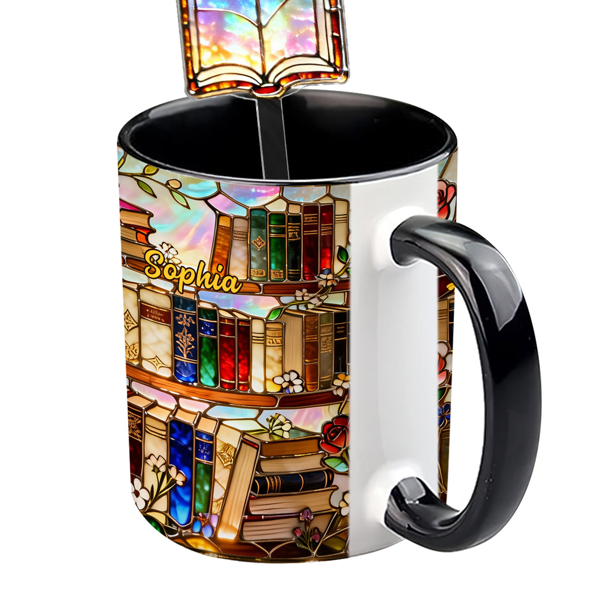 Liebe Bücher – Personalisierte Buch-Set-Tasse mit Acryl-Rührstäbchen