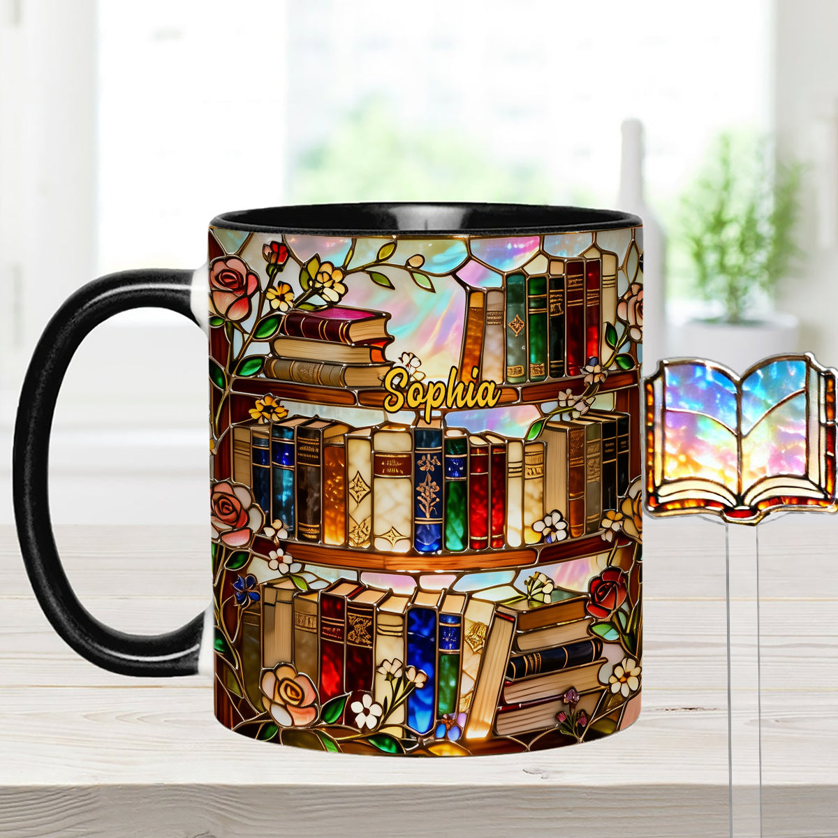 Liebe Bücher – Personalisierte Buch-Set-Tasse mit Acryl-Rührstäbchen