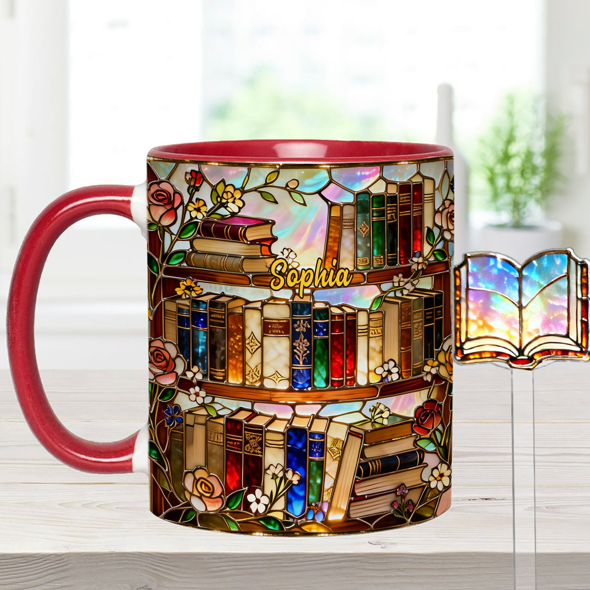 Liebe Bücher – Personalisierte Buch-Set-Tasse mit Acryl-Rührstäbchen