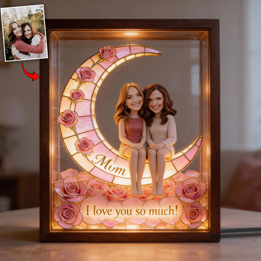 Custom Any Photo Love Mom, Grandma To The Moon - Personalized Mother Wooden Frame LED Light