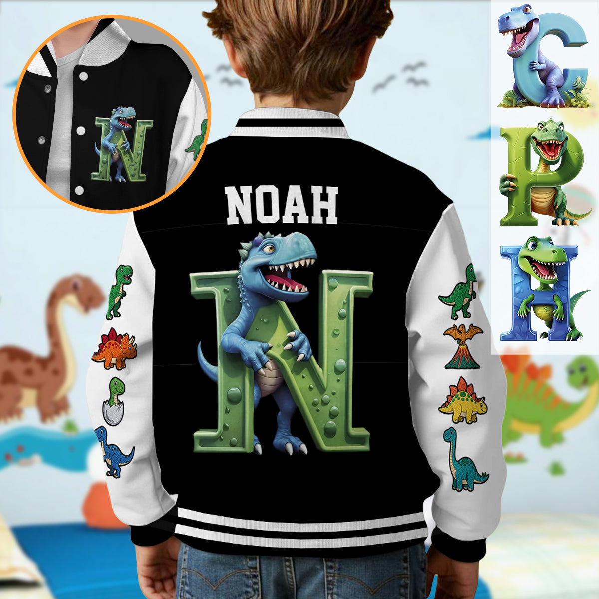 Dinosaurier-Motive für Jungen und Mädchen – Personalisierte Kinder-Collegejacke