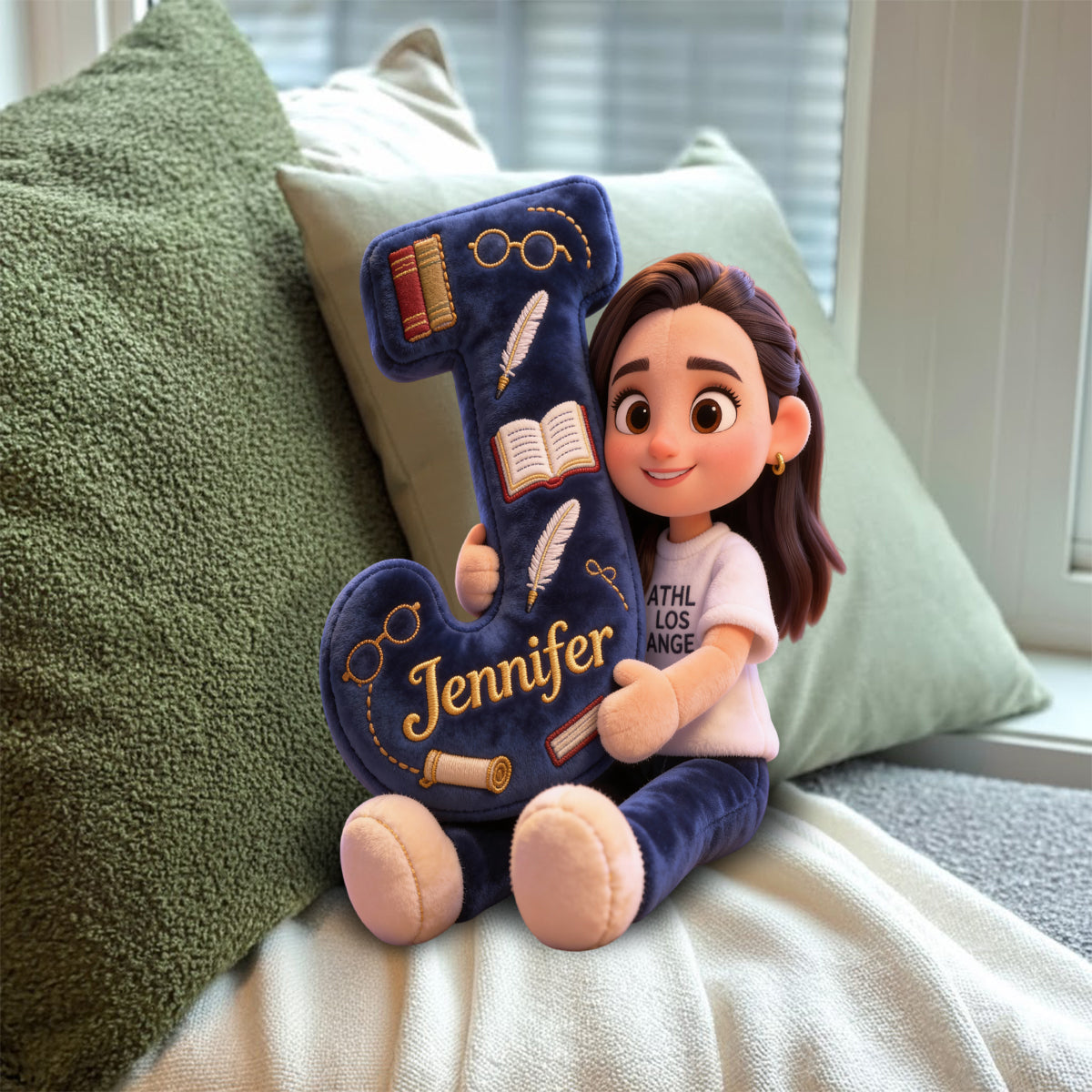 Gemütliche Alphabet-Bibliothek – Personalisiertes Kissen in Buchform aus Kunstfell