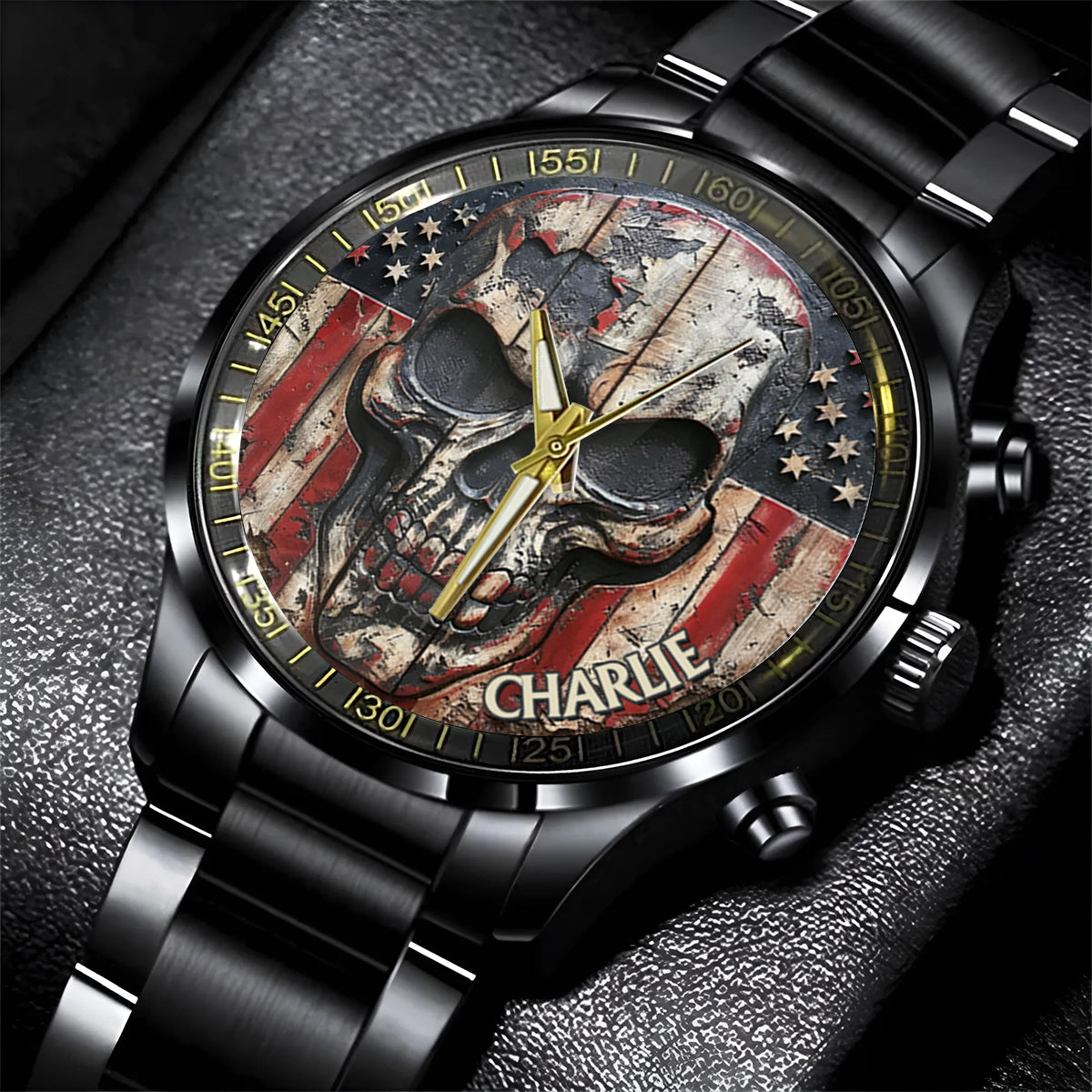 Patriotischer Totenkopf – Personalisierte Totenkopf-Handuhr