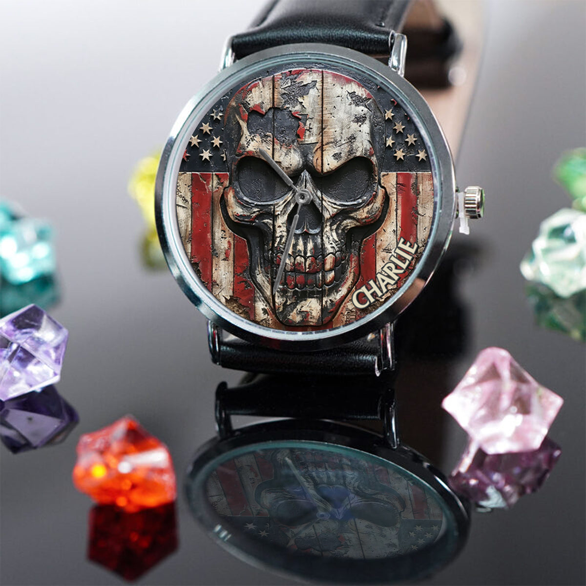 Patriotischer Totenkopf – Personalisierte Totenkopf-Handuhr