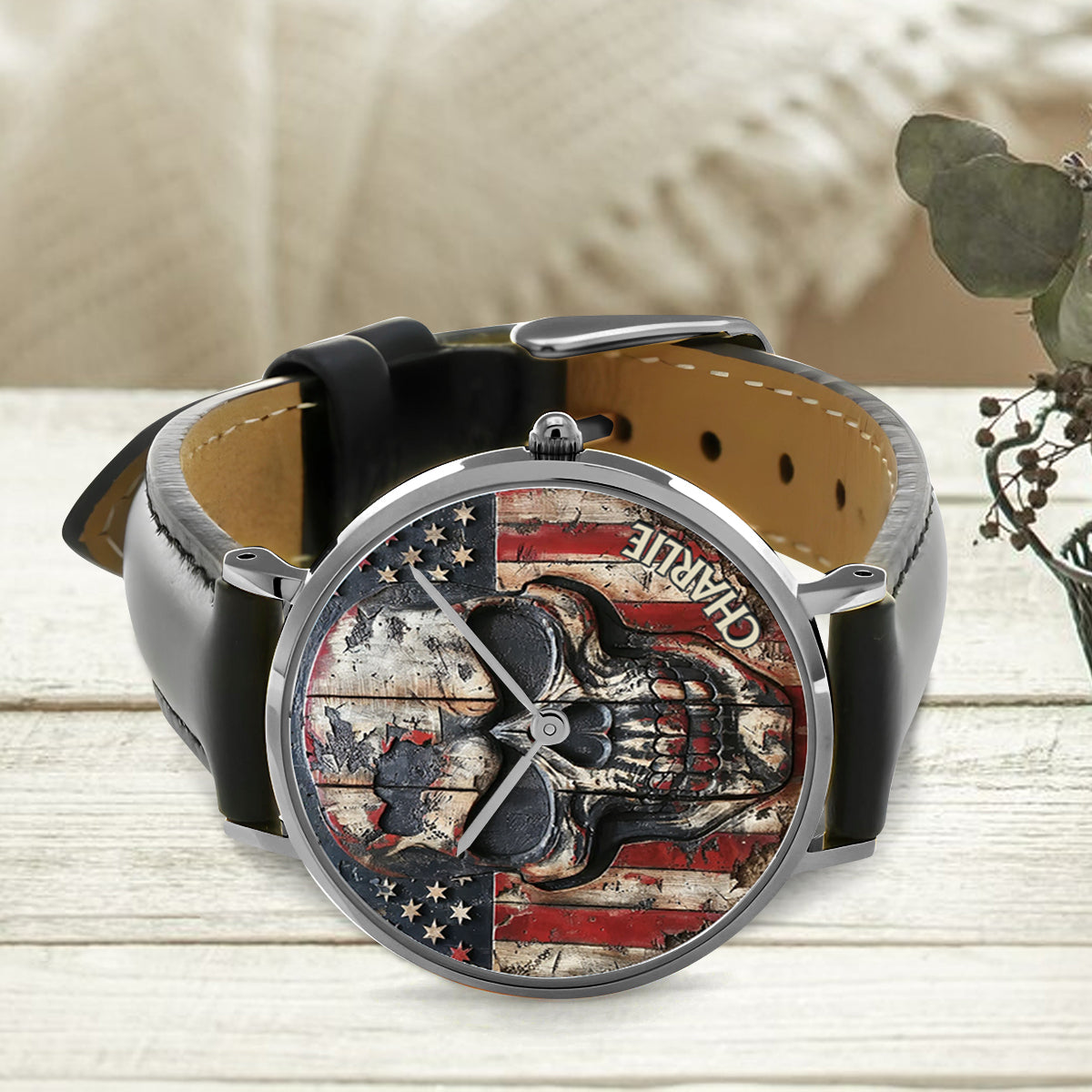 Patriotischer Totenkopf – Personalisierte Totenkopf-Handuhr