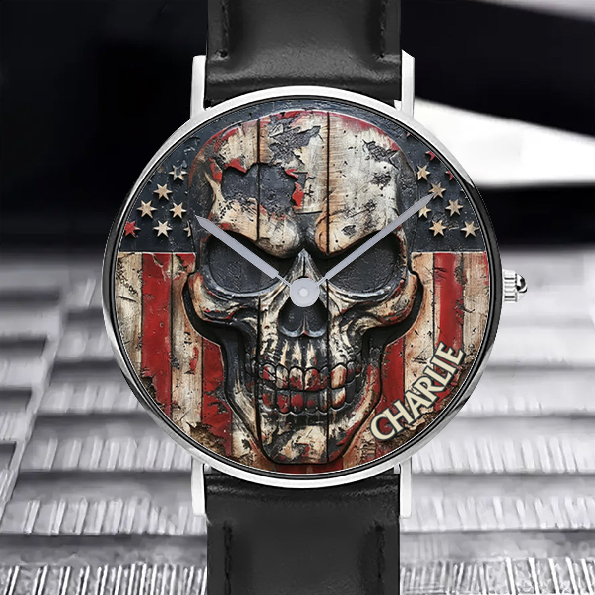 Patriotischer Totenkopf – Personalisierte Totenkopf-Handuhr