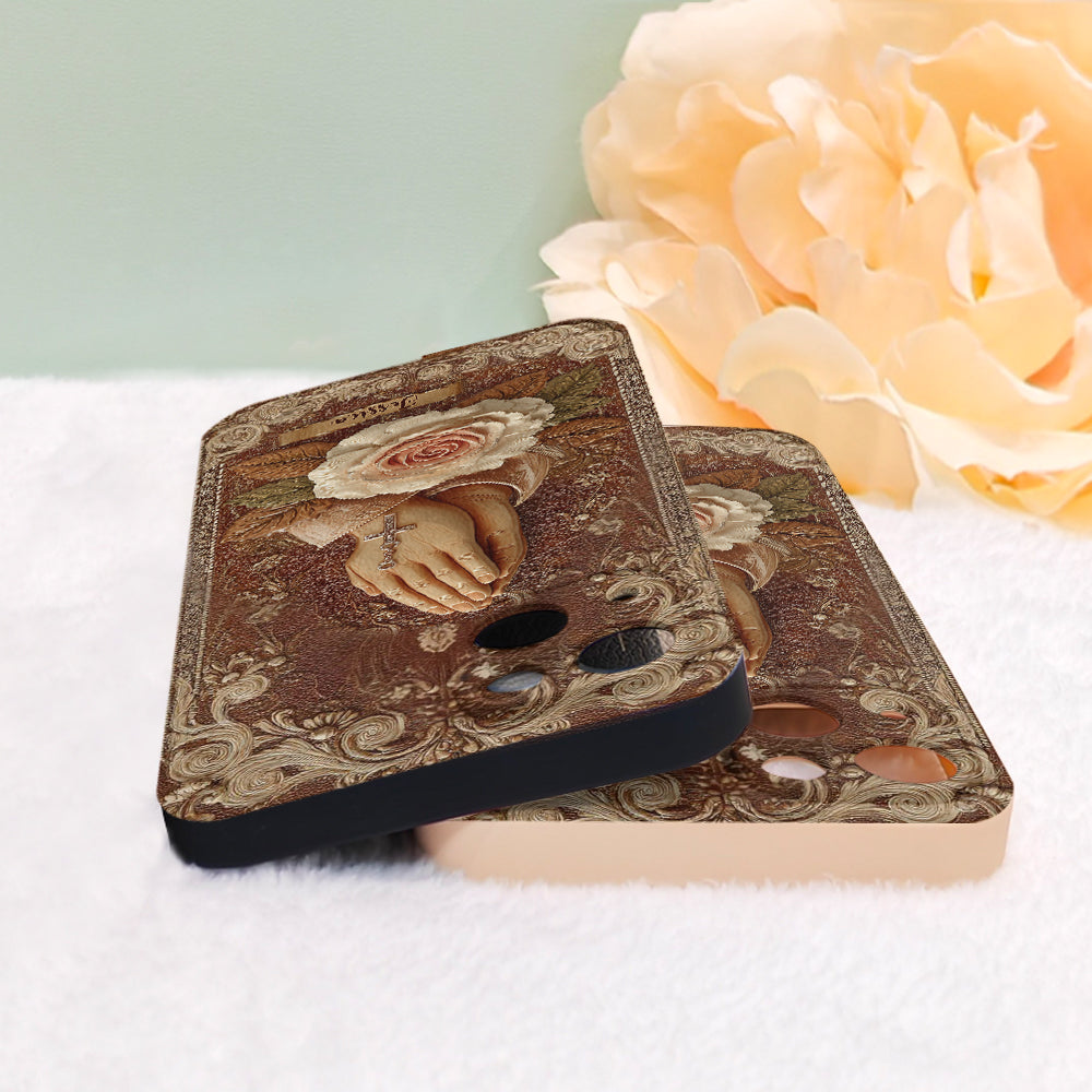 Betende Hände mit Rosen – Personalisierte christliche Handyhülle aus Leder