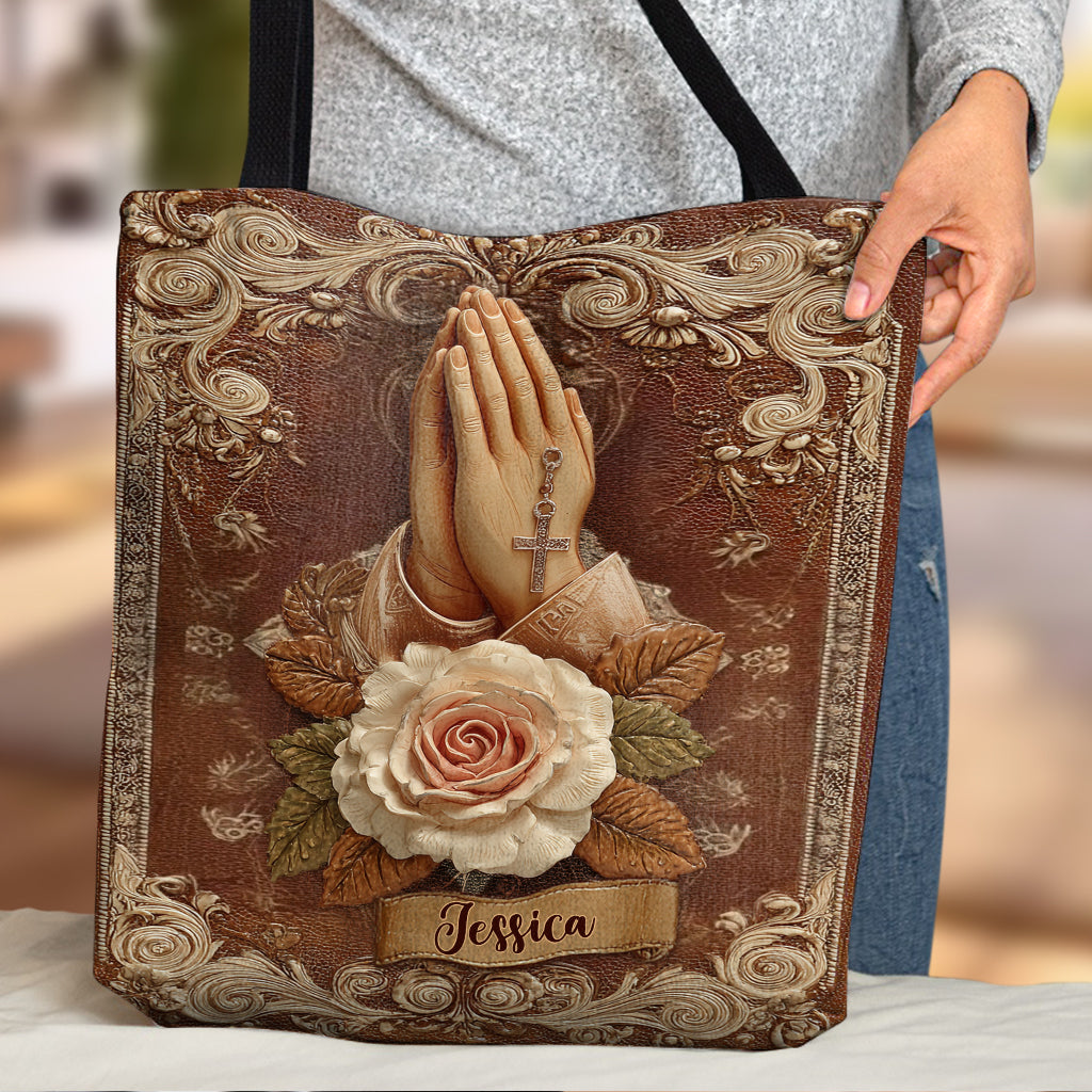 Betende Hände mit Rosen – Personalisierte christliche Tasche