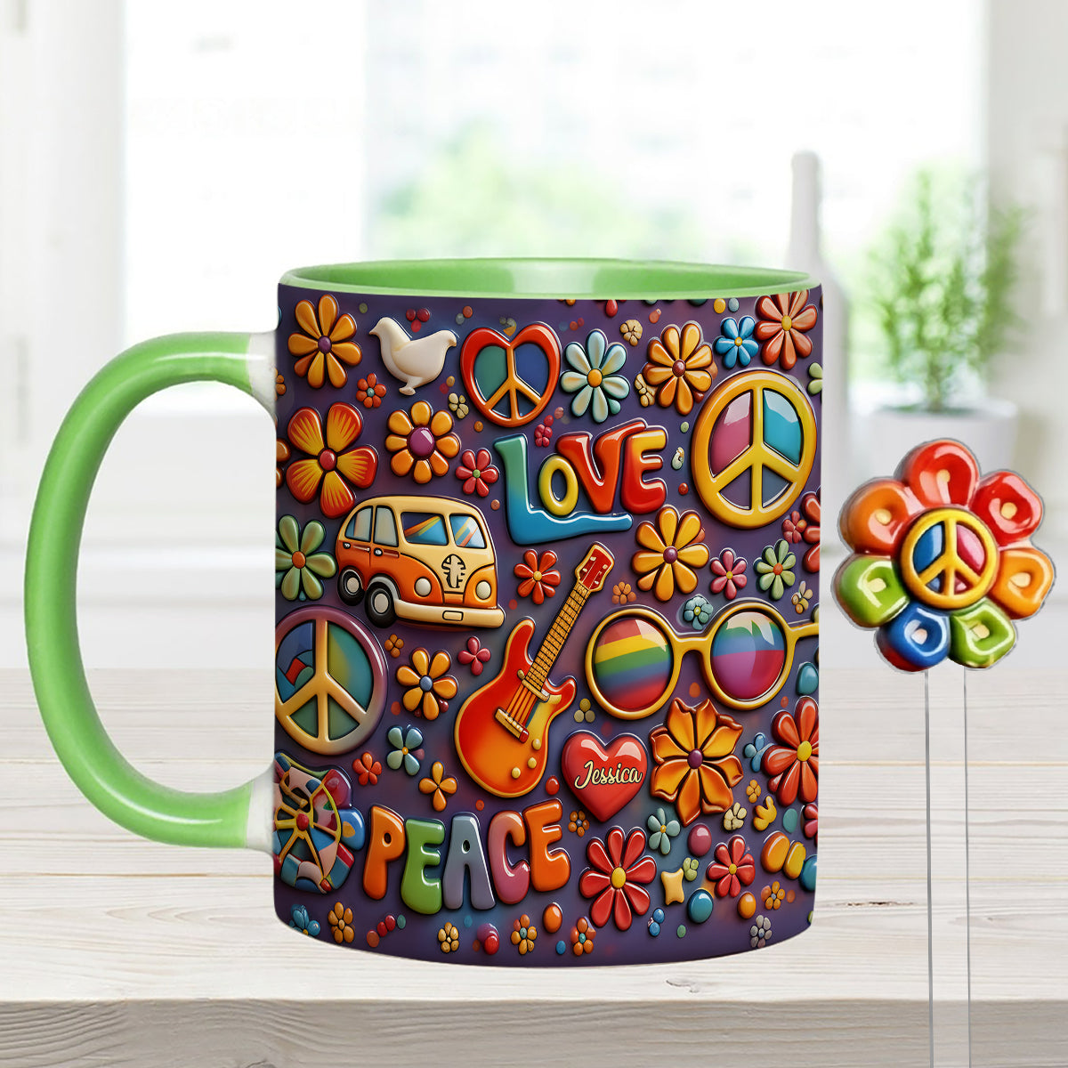 Hippie Peace Love - Personalized Hippie Set Accent Mug with Acrylic Stirrers