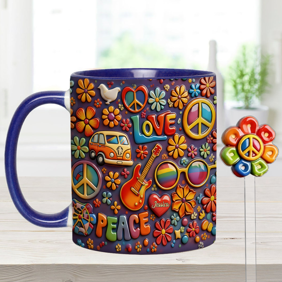 Hippie Peace Love - Personalized Hippie Set Accent Mug with Acrylic Stirrers