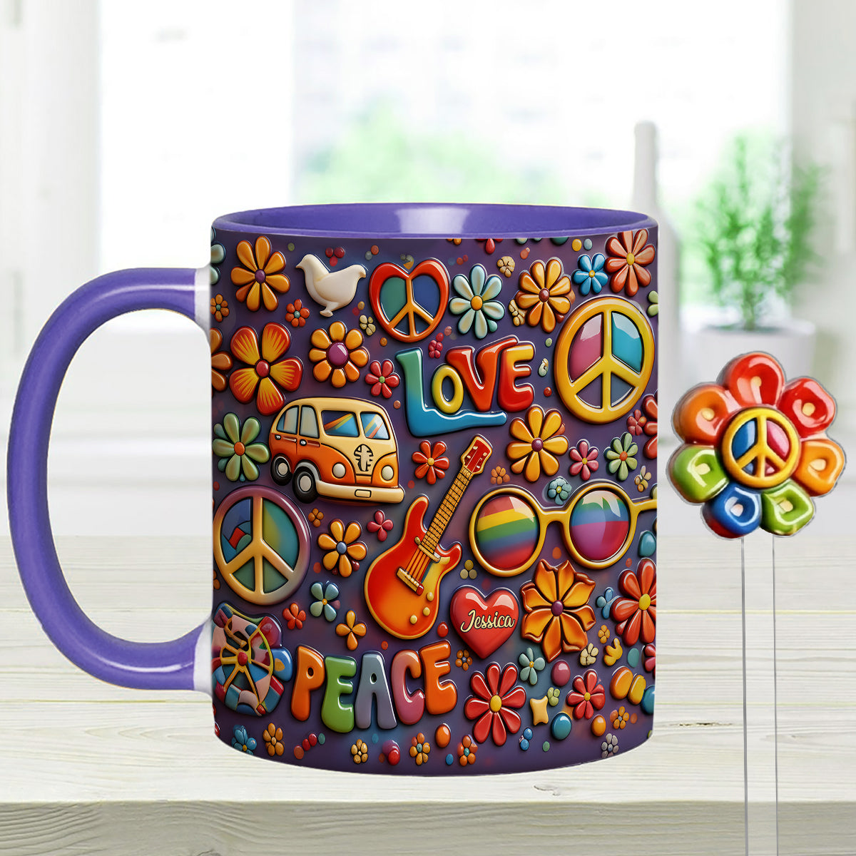 Hippie Peace Love - Personalized Hippie Set Accent Mug with Acrylic Stirrers