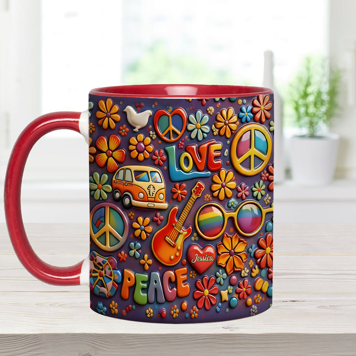 Hippie Peace Love - Personalized Hippie Set Accent Mug with Acrylic Stirrers