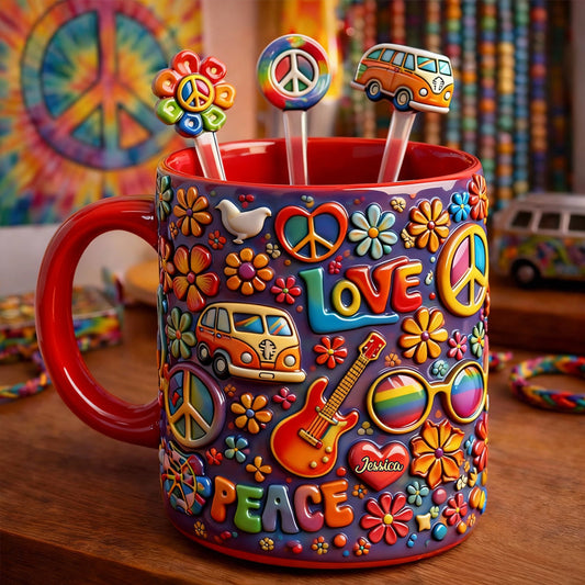 Hippie-Frieden-Liebe – Personalisierter Hippie-Becher mit Acryl-Rührstäbchen