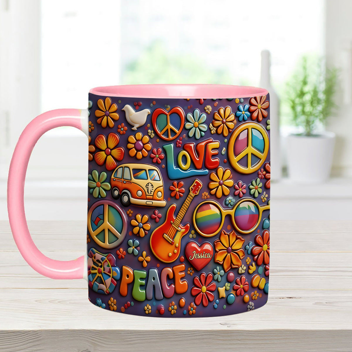 Hippie Peace Love - Personalized Hippie Set Accent Mug with Acrylic Stirrers