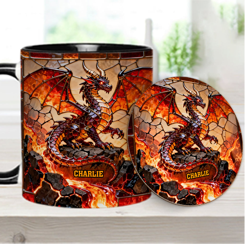 Feuerdrache – Personalisierte Tasse und Untersetzer mit Drachenmotiv