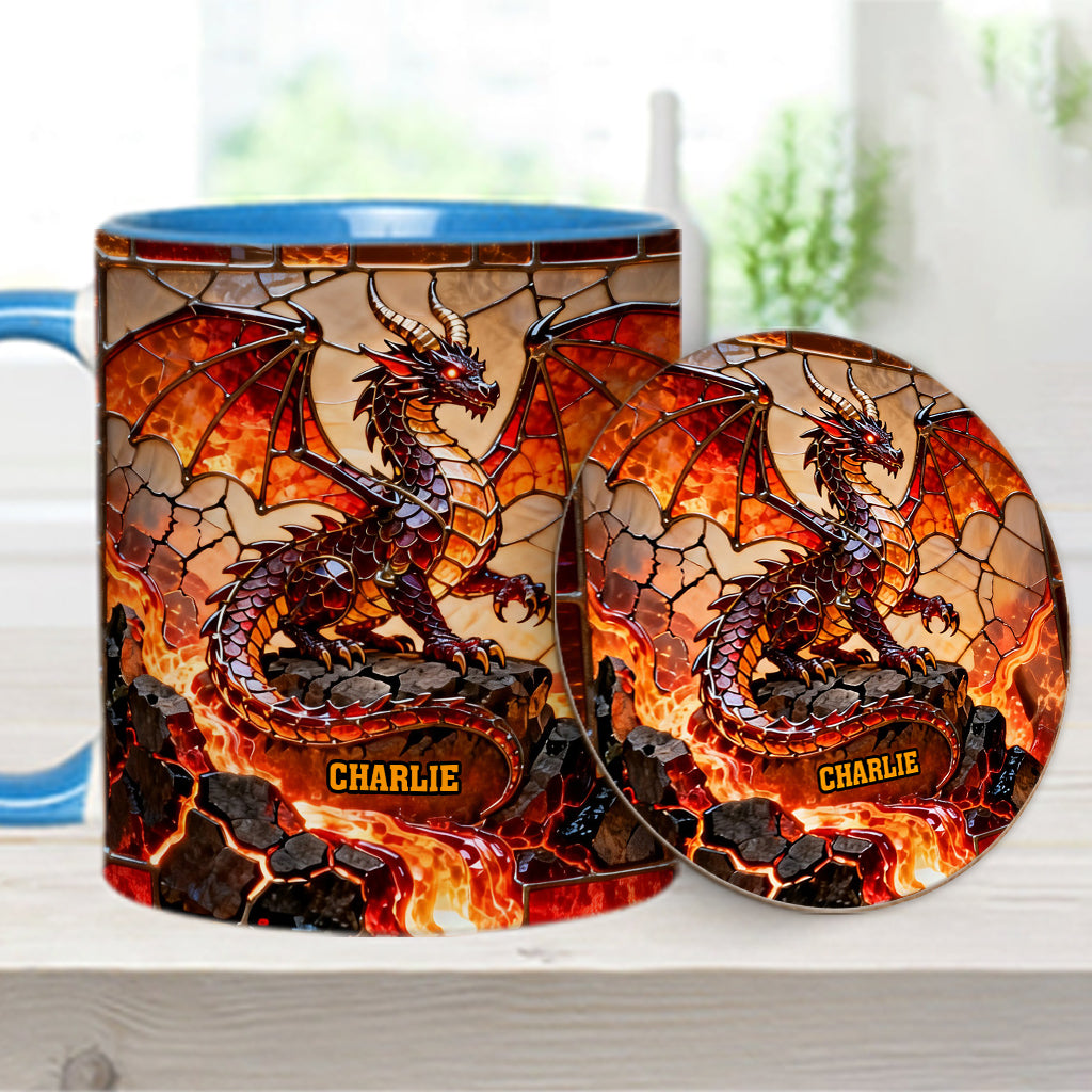 Feuerdrache – Personalisierte Tasse und Untersetzer mit Drachenmotiv