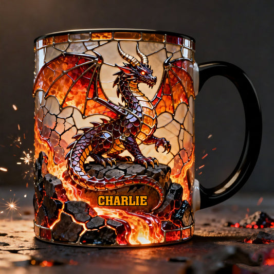 Feuerdrache – Personalisierte Tasse und Untersetzer mit Drachenmotiv