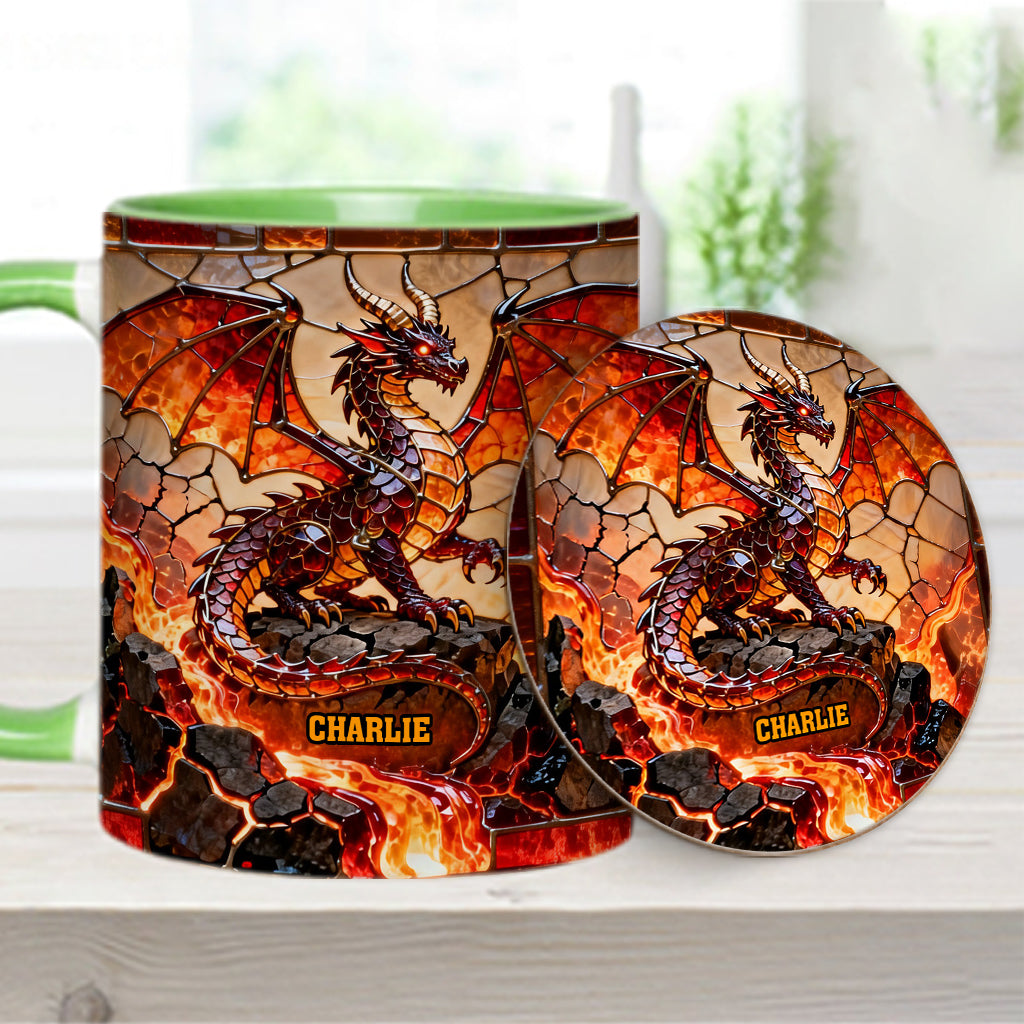 Feuerdrache – Personalisierte Tasse und Untersetzer mit Drachenmotiv