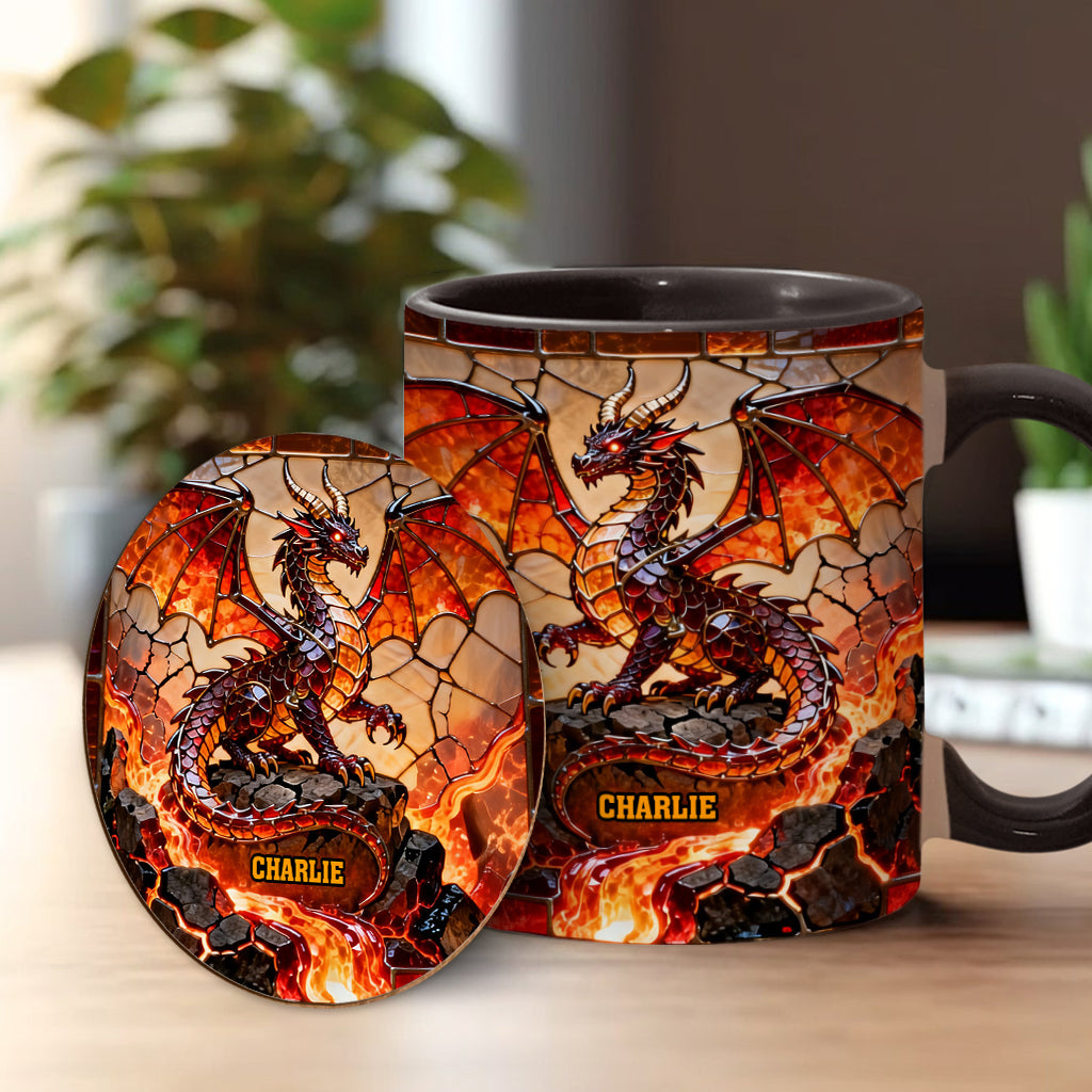 Feuerdrache – Personalisierte Tasse und Untersetzer mit Drachenmotiv